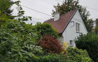 maison avec toit incliné cachée par la végétation